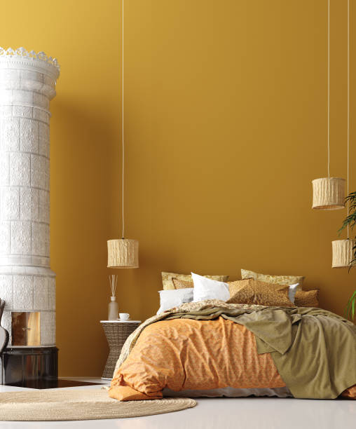 istock Bedroom interior in Bohemian style with patterned bed and floral corner 1138721819