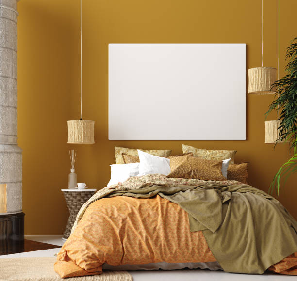 istock Mock up poster, mustard color bedroom interior with patterned bed, Bohemian style 1138721821