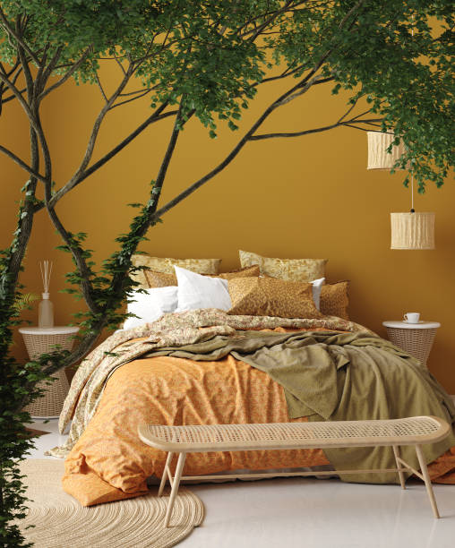 istock Bedroom interior in Bohemian style with patterned bed and floral corner 1138721945