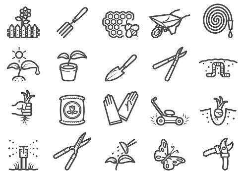 There is a set of icons about gardening and related tools/animals  in the style of Clip art.
