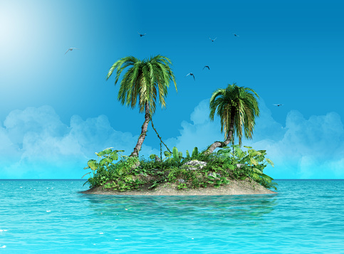 Tiny small tropical island with palm trees, defying the ocean, 3d render painting