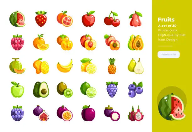 Vector illustration of Modern flat design icons set of Fruits . 48x48 Pixel Perfect icon. High-quality Flat icon design.