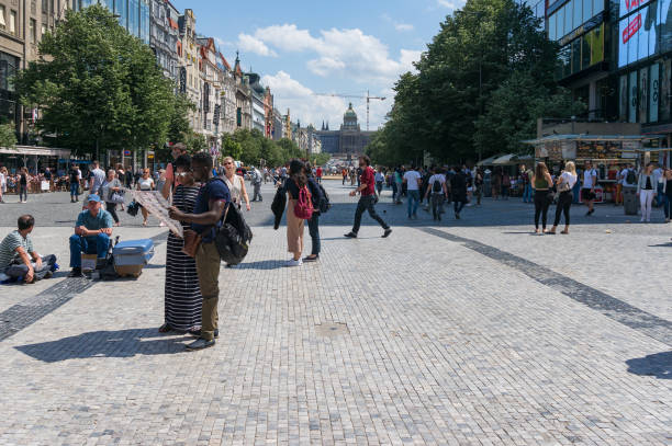 Prague, Czech Republic - May 21, 2018: Tourists on Wanceslas Square in Prague
