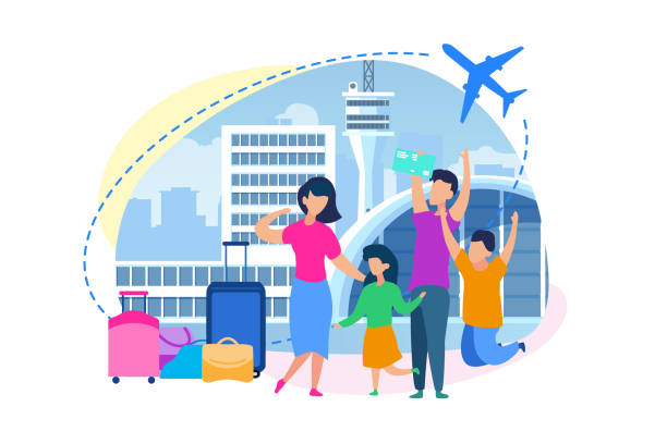 Family Buying Tickets in Airport Flat Vector Family Vacation Flight Flat Vector Concept. Happy Parents with Children Buying Airline Tickets in Airport Terminal, Enjoying Arrival to Journey Destination Illustration Isolated on White Background charter document stock illustrations