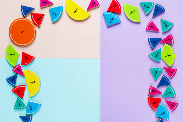 istock Colorful math fractions on the pink blue violet  bright backgrounds. Interesting math for kids. Education, back to school concept. Geometry and mathematics materials. 1138732295