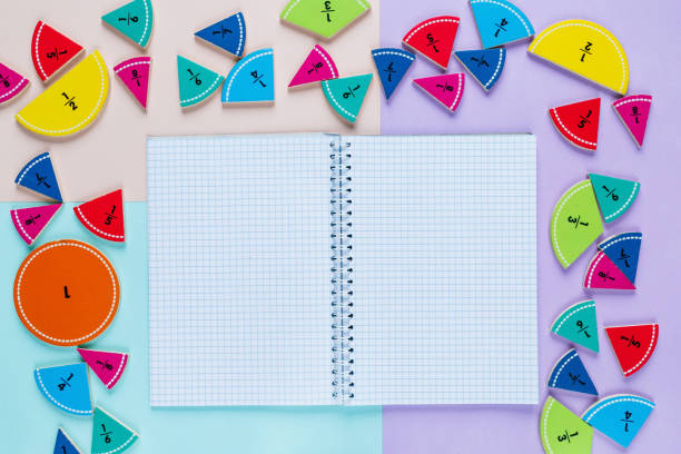 istock Colorful math fractions on the pink blue violet  bright backgrounds. Interesting math for kids. Education, back to school concept. Geometry and mathematics materials. 1138732308