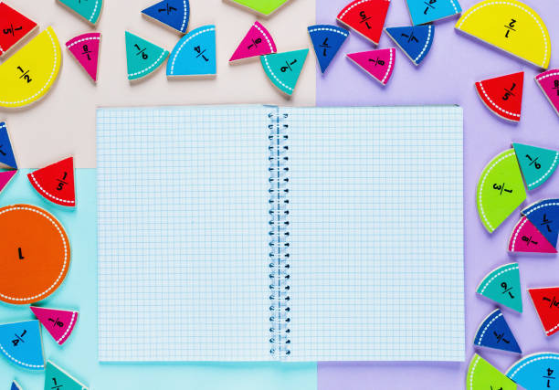 istock Colorful math fractions on the pink blue violet  bright backgrounds. Interesting math for kids. Education, back to school concept. Geometry and mathematics materials. 1138732321