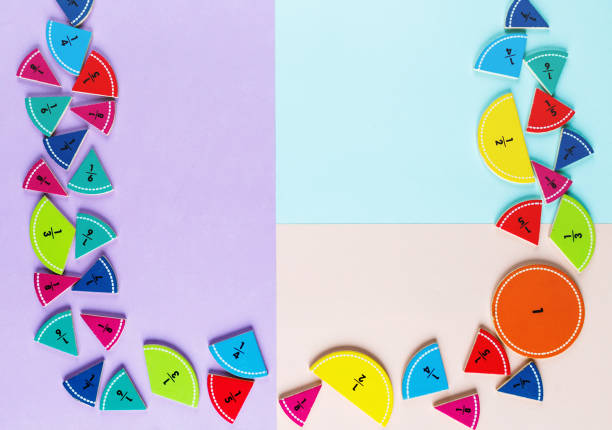istock Colorful math fractions on the pink blue violet  bright backgrounds. Interesting math for kids. Education, back to school concept. Geometry and mathematics materials. 1138732322