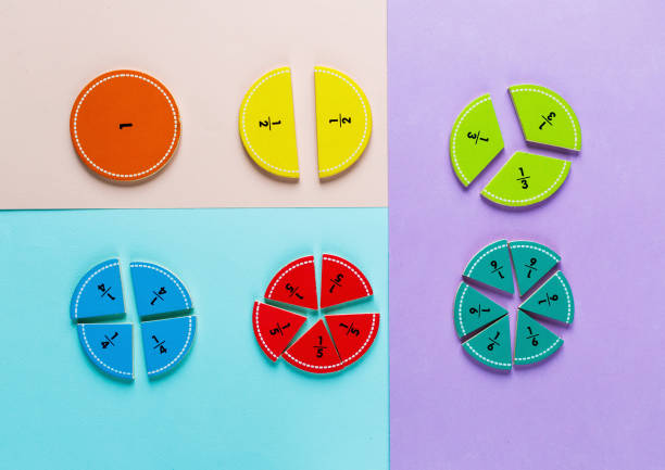 istock Colorful math fractions on the pink blue violet  bright backgrounds. Interesting math for kids. Education, back to school concept. Geometry and mathematics materials. 1138732329