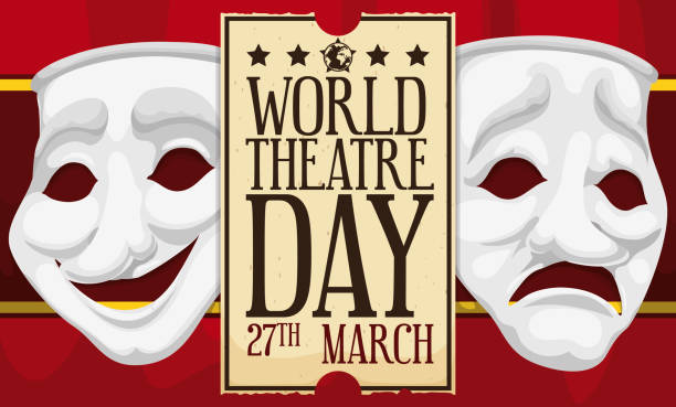 Curtains, Masks and Commemorative Ticket to Celebrate World Theatre Day Comedy and tragedy masks over stage curtain and ticket promoting theatre season during World Theatre Day celebration this 27th March. play day stock illustrations