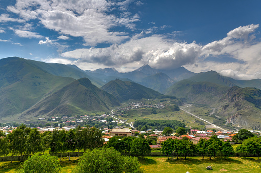 Hilly landscape near the village of Gergeti in Georgia, under Mount Kazbegi.