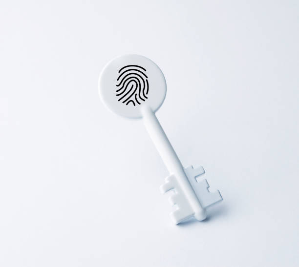 Fingerprint Scan Security System Concept White key with fingerprint. Technology for digital biometric cyber security and identification. fingerprint scanner photos stock pictures, royalty-free photos & images