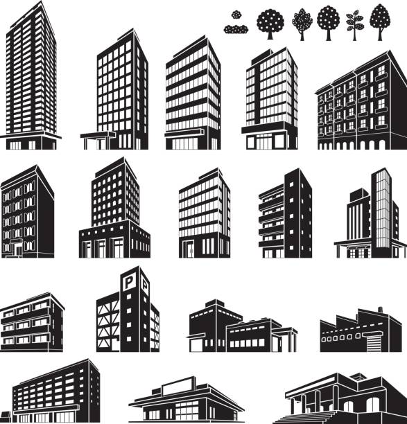 Illustrations of various buildings Vector illustration of the building bank financial building silhouettes stock illustrations