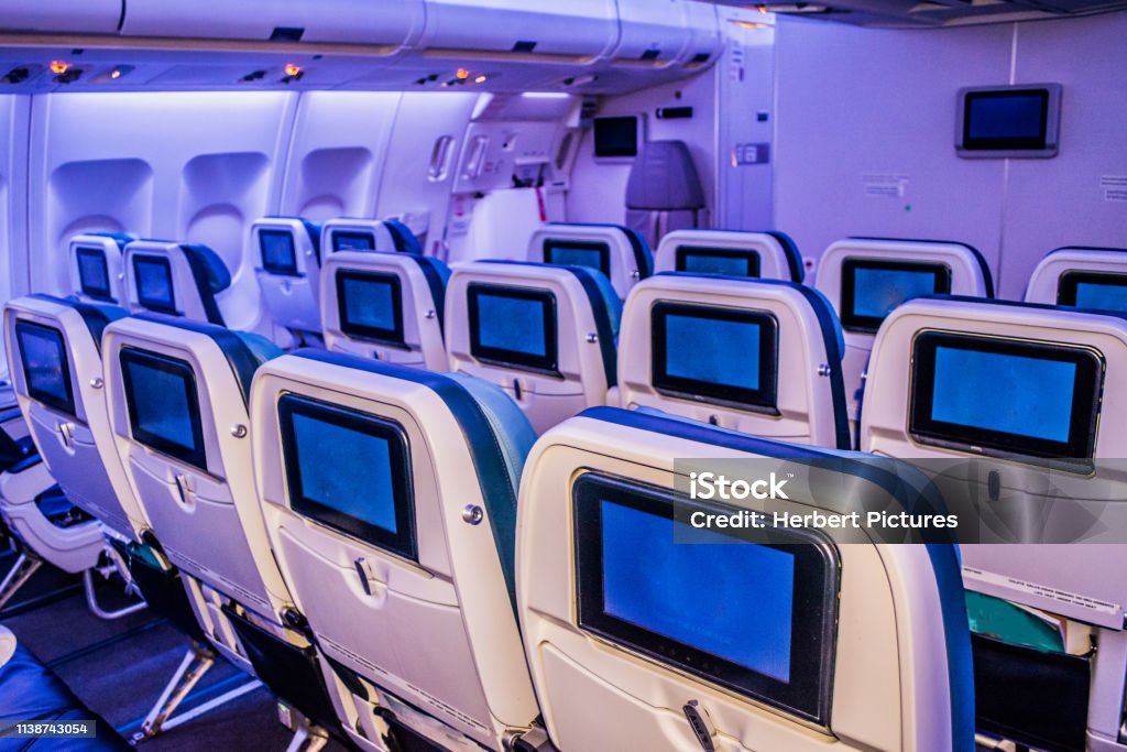 Travel-Economy Klassen-Passenger Kabine mit breiter Rumpfflugkabine von zwei Gängen - Lizenzfrei Blau Stock-Foto