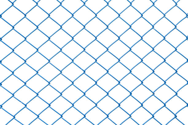 istock Closeup blue metal net at fence isolated on white background 1138744294