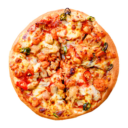 Pizza with Spicy Chicken, Mushroom, Cheese, Red and Green Capsicum on White for Restaurants. Delicious Fresh Pizzas Served. Top View of Homemade Pizza Isolated on White Background with Clipping Path.