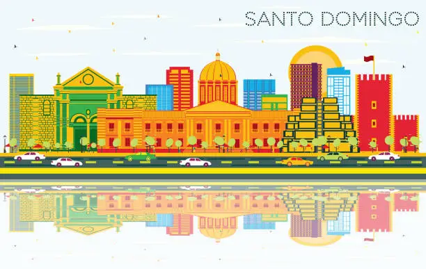 Vector illustration of Santo Domingo Dominican Republic Skyline with Color Buildings, Blue Sky and Reflections.