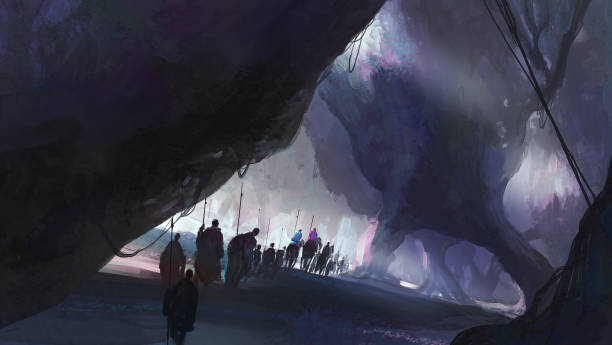 istock A group of people walking in a strange environment, digital illustration. 1138758674
