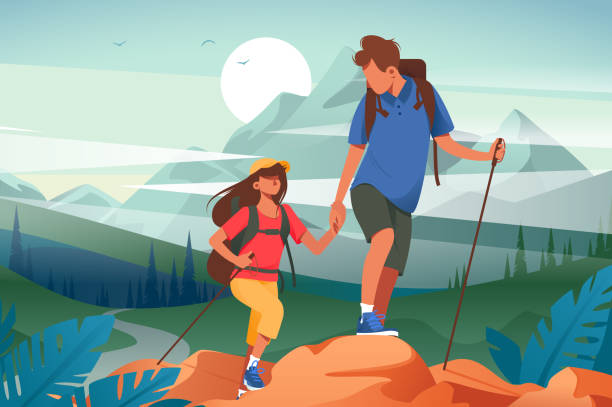 Flat young woman and man couple hiking in mountains. Flat young woman and man couple hiking in mountains. Concept friend characters with equipment in journey on forest and river background. Vector illustration. footpath illustrations stock illustrations