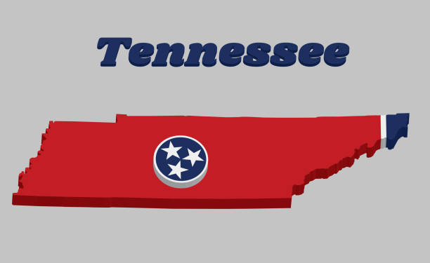 istock 3D Map outline and flag of Tennessee, A blue circle with three white stars on a rectangular field of red, with a strip of white and blue on the fly. 1138762351