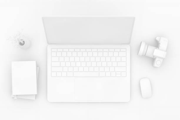 istock Top view desktop with Laptop, Minimal technology idea concept. 1138763228