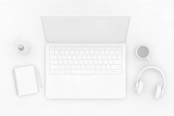 istock Top view desktop with Laptop, Minimal technology idea concept. 1138763272