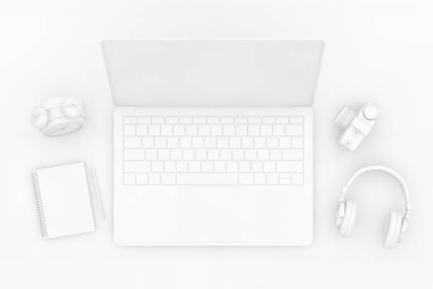 istock Top view desktop with Laptop, Minimal technology idea concept. 1138763288