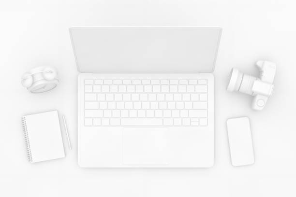 istock Top view desktop with Laptop, Minimal technology idea concept. 1138763304