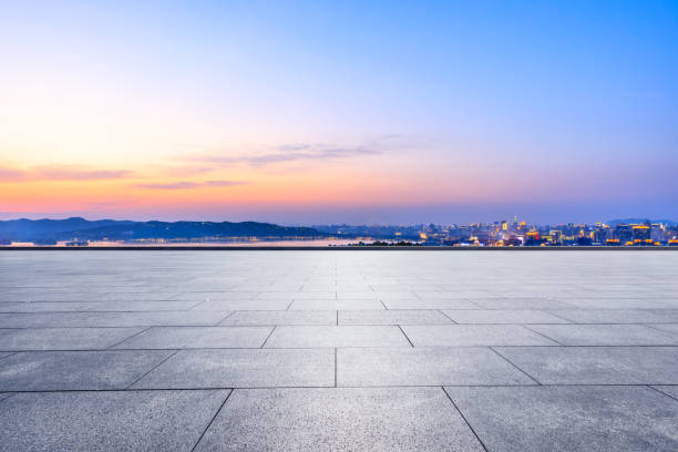 istock Empty floor and beautiful city scenery with mountain in Hangzhou 1138768136