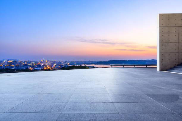 Empty floor and beautiful city scenery with mountain in Hangzhou
