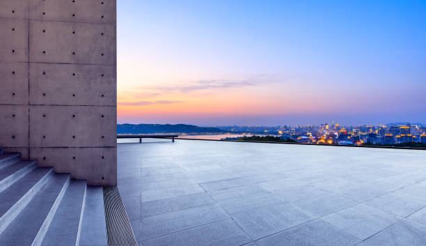 istock Empty floor and beautiful city scenery with mountain in Hangzhou 1138770295