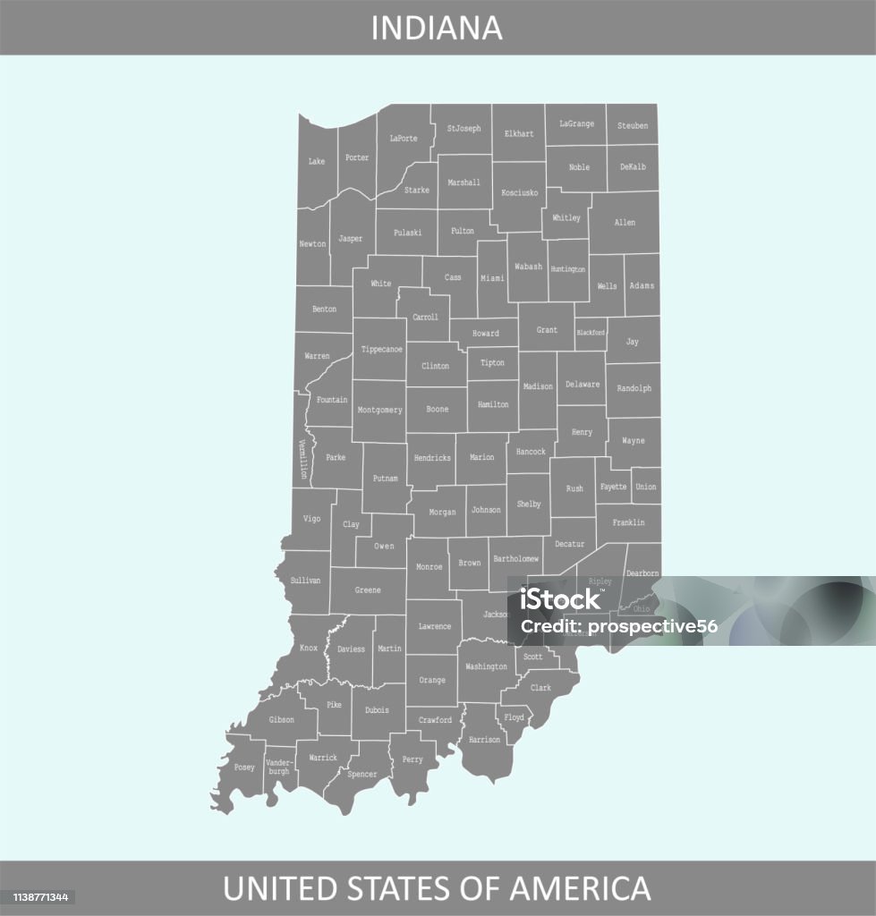 Indiana county map vector outline gray background. Counties map of Indiana state of USA in a creative design The map is accurately prepared by a map expert. Indiana stock vector