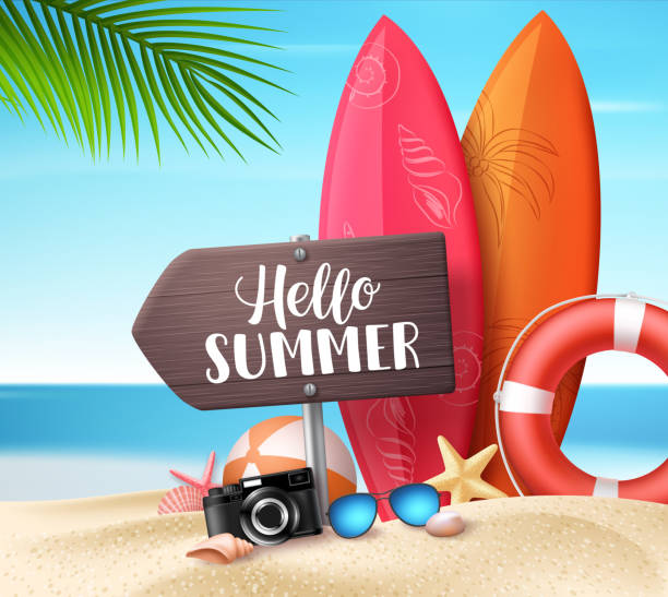 привет летний вектор дизайн концепции. деревянная доска для жестов с летним текстом и пляжными элементами - text surfing surf palm tree stock illustrations