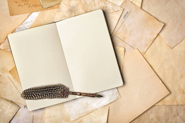 istock Vintage composition with notebook and luxury quill pen 1138779526