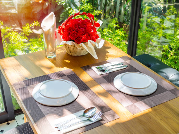 istock Dining table set in restaurant with romantic sunshine 1138781442