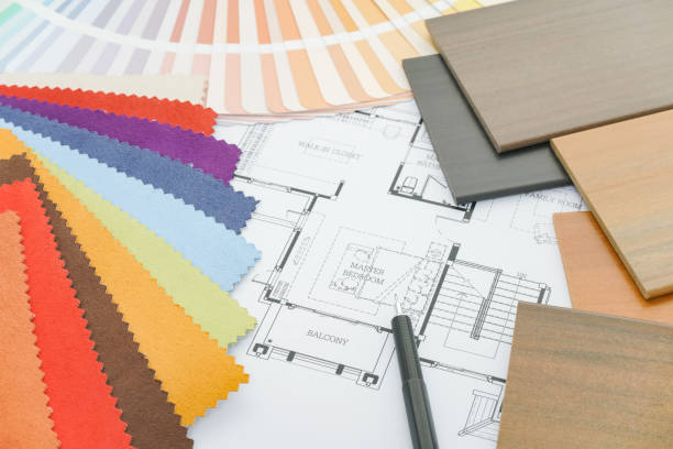 istock Samples of material and drawing on working table of designer 1138782545