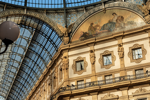 Detail of the Galleria Vittorio Emanuele II (1867), famous shopping center with glass dome in downtown of Milan, Lombardy, Italy