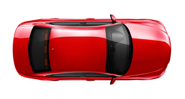 Generic red car - top angle Generic sedan car isolated on white background elevated view stock pictures, royalty-free photos & images
