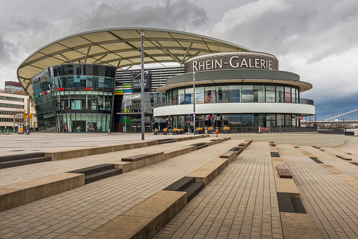 Ludwigshafen, Germany - March 17, 2019: Huge shopping mall, called Rhein-Galerie, in Ludwigshafen. Ist is located beside River Rhine and in front is a huge square.