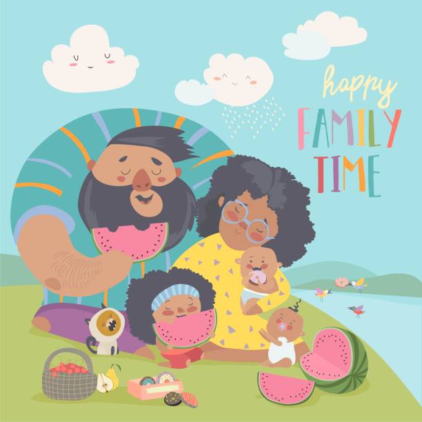 Happy family on a picnic. Dad, mom,daughter and babies are resting in nature Happy family on a picnic. Dad, mom,daughter and babies are resting in nature. Vector illustration black man eating watermelon stock illustrations