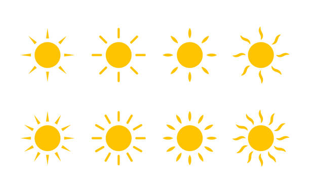 ilustraciones, imágenes clip art, dibujos animados e iconos de stock de sol amarillo icono del sol. el brillo de la pantalla del ordenador vectorial controla el sol con rayas de línea y remolino o haces de calor - vector shiny nature horizontal