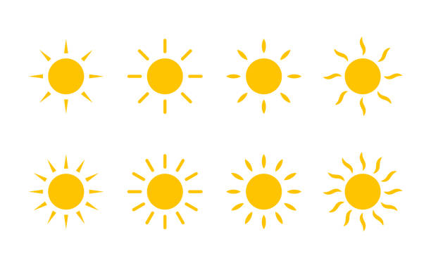 illustrazioni stock, clip art, cartoni animati e icone di tendenza di icona del sole giallo sole. il computer vettoriale visualizza il controllo della luminosità dello schermo con raggi di linea e vortici o fasci di calore - sole immagine