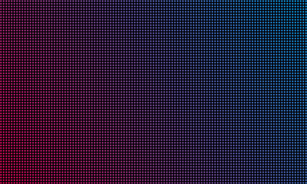 LED video wall screen texture background. Vector blue and red purple color light LED diode dot grid video screen LED video wall screen texture background. Vector blue and red purple color light LED diode dot grid video screen wall of monitors stock illustrations