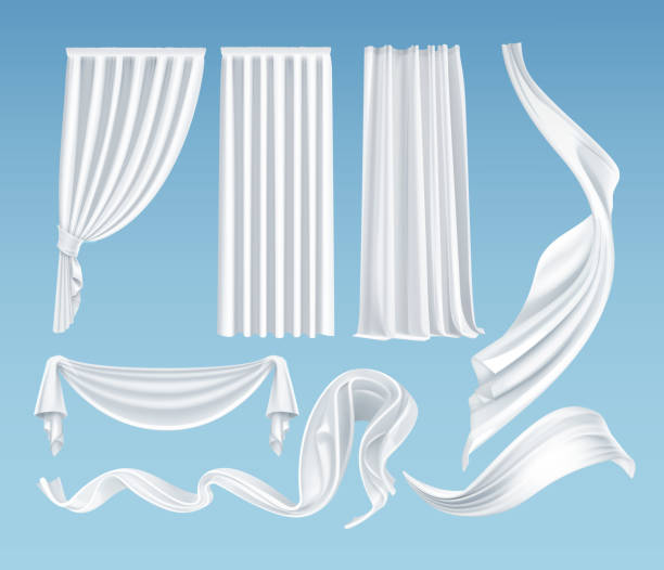 Vector set of realistic fluttering white cloths, soft lightweight clear material and curtains isolated on background Vector set of realistic fluttering white cloths, soft lightweight clear material and curtains isolated on gradient blue background hanging fabric stock illustrations