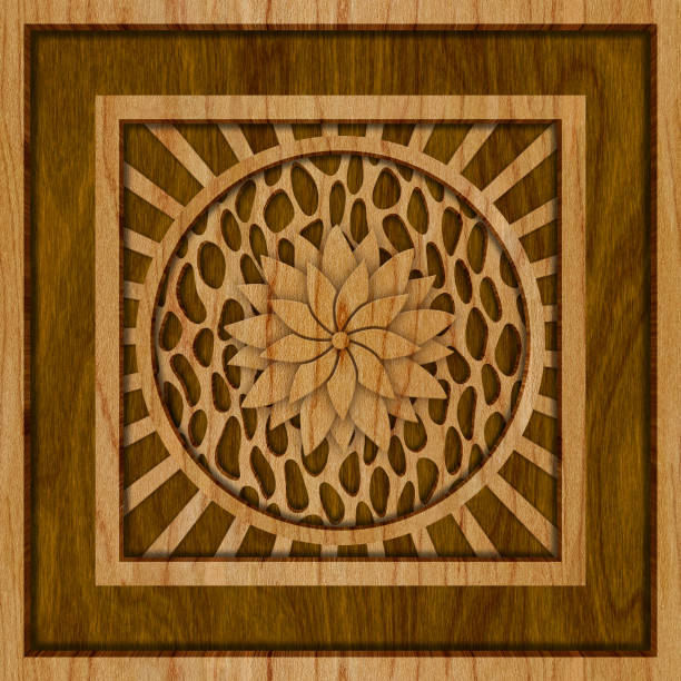 istock Carved geometric pattern on wood background texture, 3d illustration 1138787802