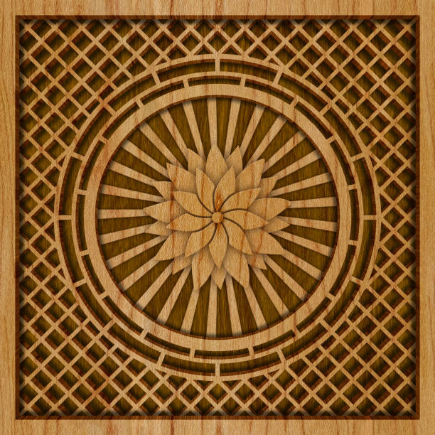 istock Carved geometric pattern on wood background texture, 3d illustration 1138787903
