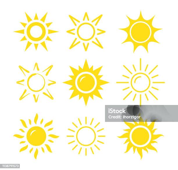 Ilustración de Icono De Sol Establecido y más Vectores Libres de Derechos de Sol - Sol, Luz del sol, Ícono