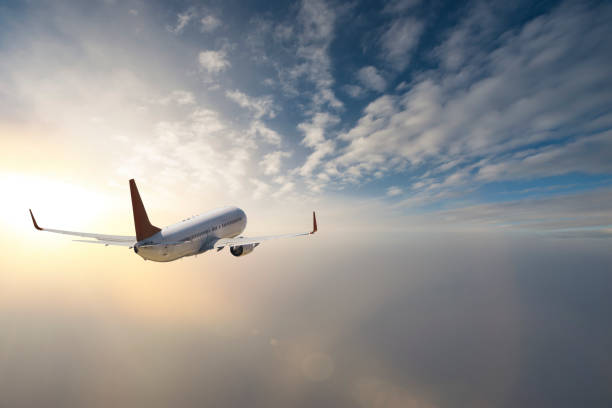 istock Commercial jet flying over clouds at sunrise 1138792435