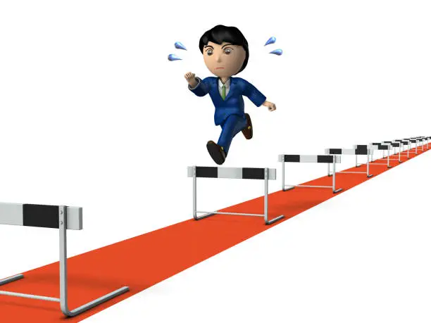 A long work experience. A young businessman who began running hurdle race. Rear view. White background. 3D illustration.