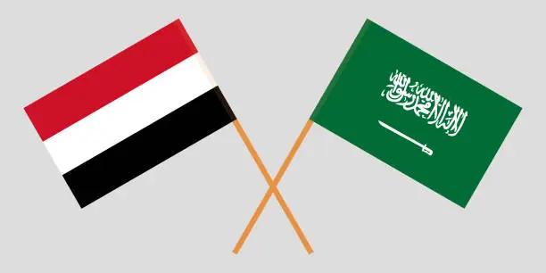 Vector illustration of Yemen and Kingdom of Saudi Arabia. The Yemeni and KSA flags. Official colors. Correct proportion. Vector